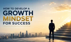 How to Develop a Growth Mindset for Success Modern professional climbing a staircase toward a bright sunrise, representing how to develop a growth mindset for success through continuous learning, resilience, personal development, and goal achievement.