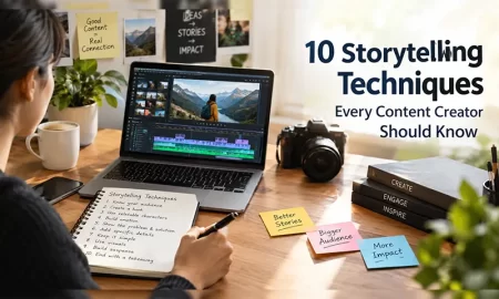 Content creator using 10 storytelling techniques to create engaging digital content and connect with audiences.