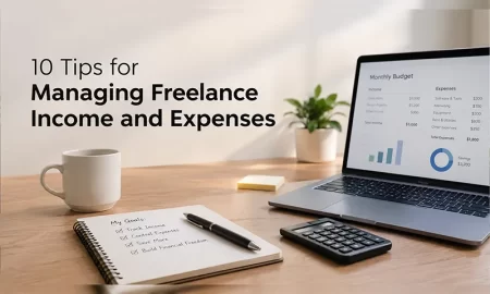 Managing Freelance Income and expenses with a monthly budget, expense tracker, and financial planning spreadsheet on a laptop.