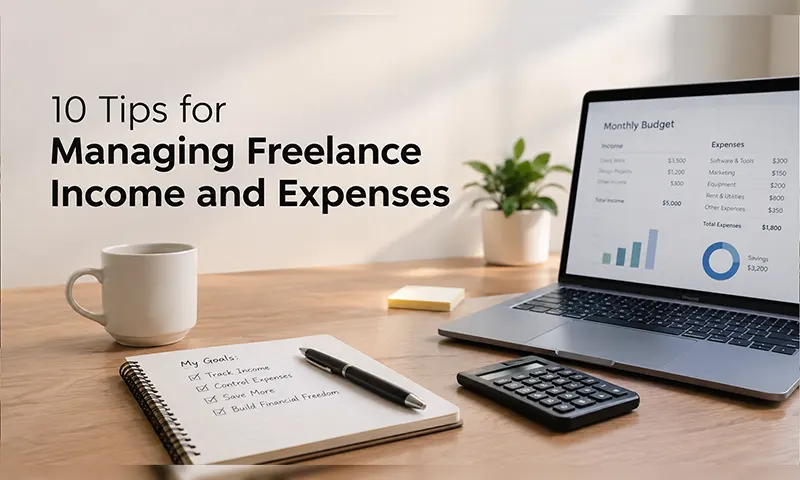 10 Tips for Managing Freelance Income and Expenses Managing Freelance Income and expenses with a monthly budget, expense tracker, and financial planning spreadsheet on a laptop.
