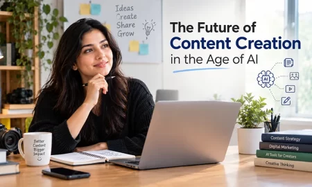 The Future of Content Creation in the Age of AI A content creator using AI tools for writing, graphic design, video editing, and digital content creation.