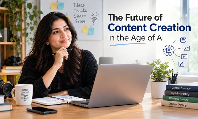 The Future of Content Creation in the Age of AI A content creator using AI tools for writing, graphic design, video editing, and digital content creation.